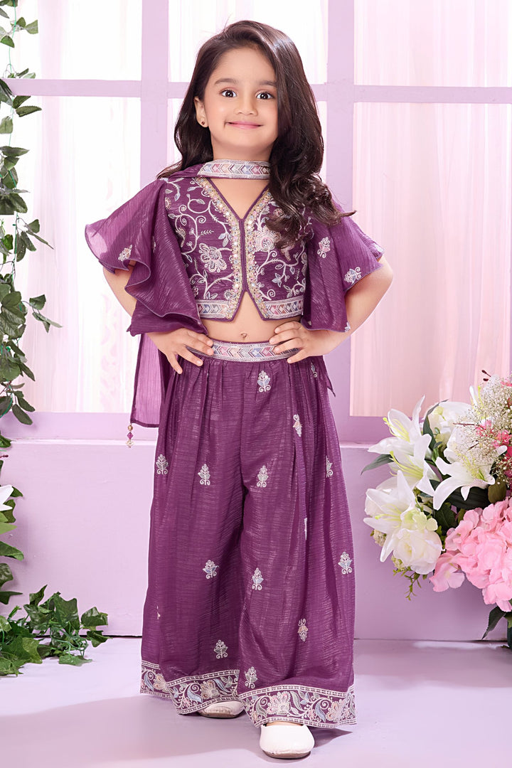 Light Purple Thread, Sequins, Mirror and Beads work Choli and Palazzo Set for Girls