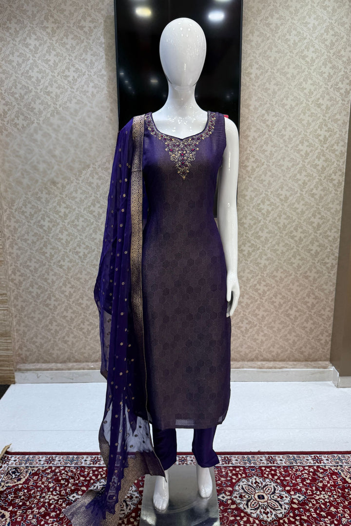 Purple Jacquard, Zari, Zardozi, Beads, Stone and Thread work Straight Cut Salwar Suit