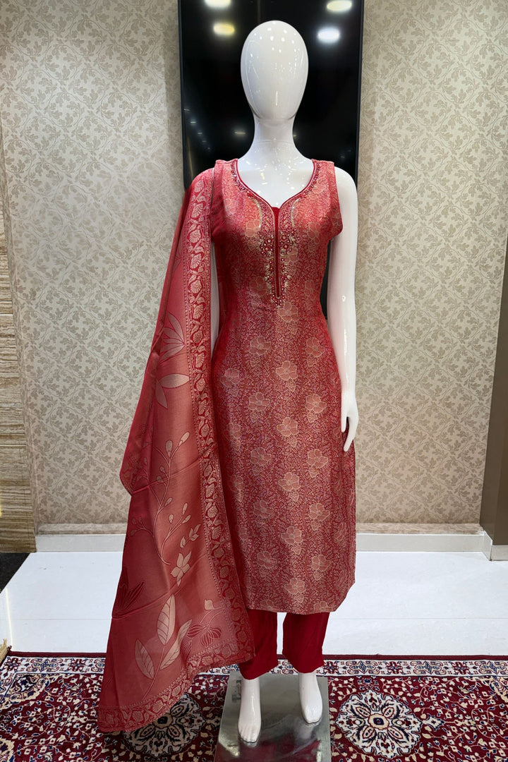 Red Brocade, Zardozi, Stone, Beads and Thread work Straight Cut Salwar Suit