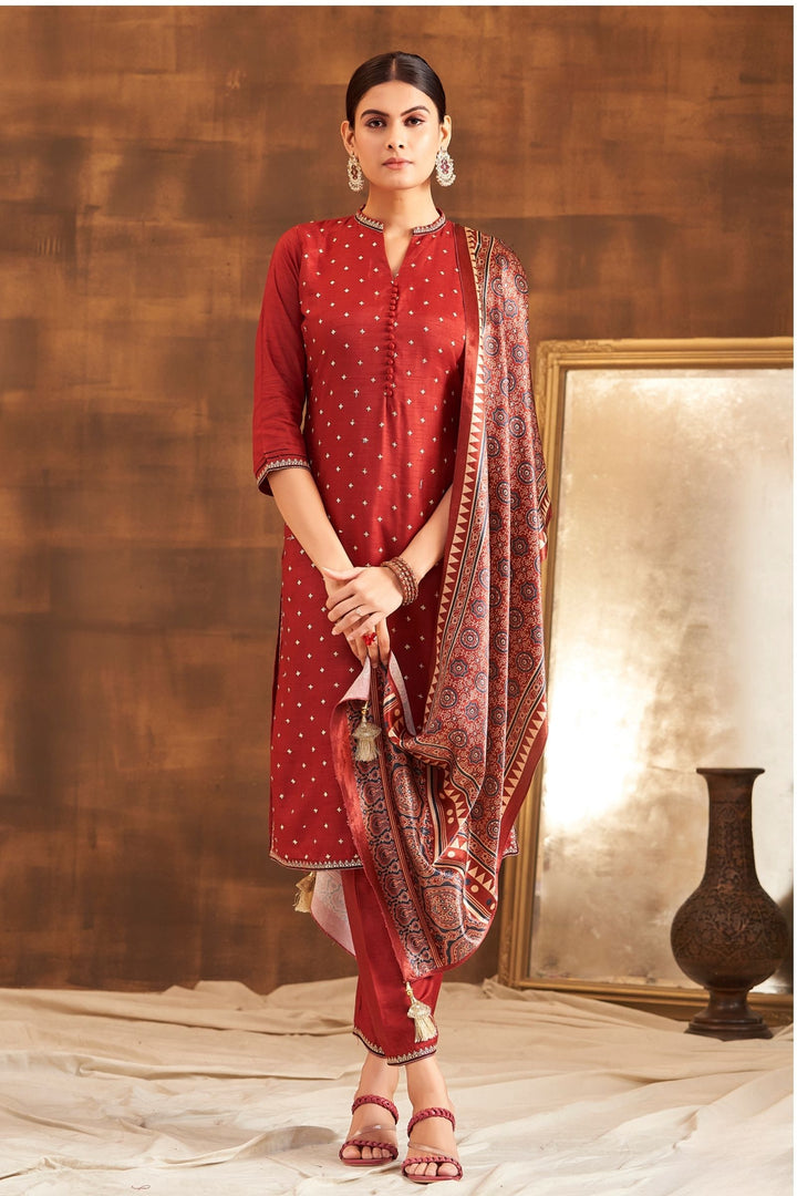 Maroon Sequins and Thread work Straight Cut Salwar Suit with Kalamkari Print Dupatta