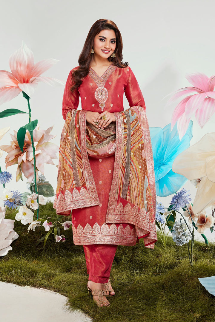 Brick Red Banaras, Beads, Mirror and Stone work Straight Cut Salwar Suit