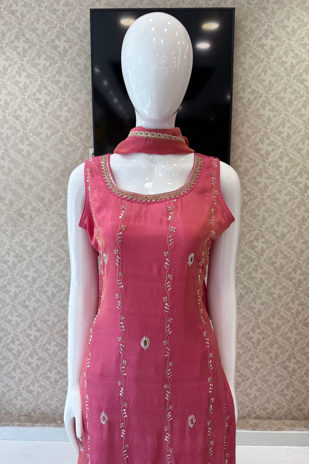 Onion Pink Zari, Stone, Sequins and Thread work Straight Cut Salwar Suit