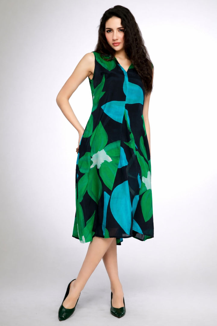 Navy Blue Stone work with Multicolor Digital Print A-line Cut Calf Length Kurti