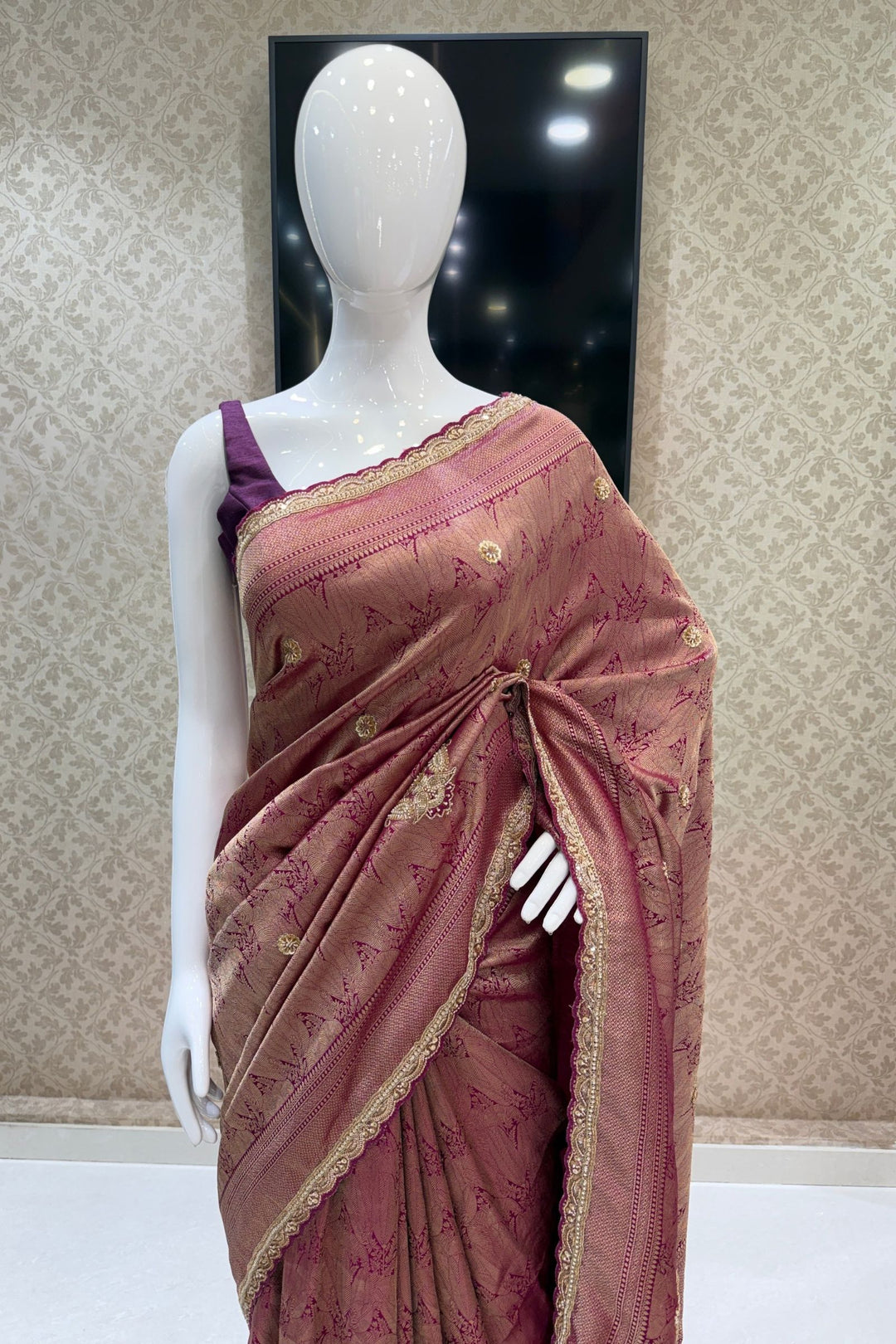 Purple Saree Featuring Banaras, Pearl, Beads, Zardozi and Thread work