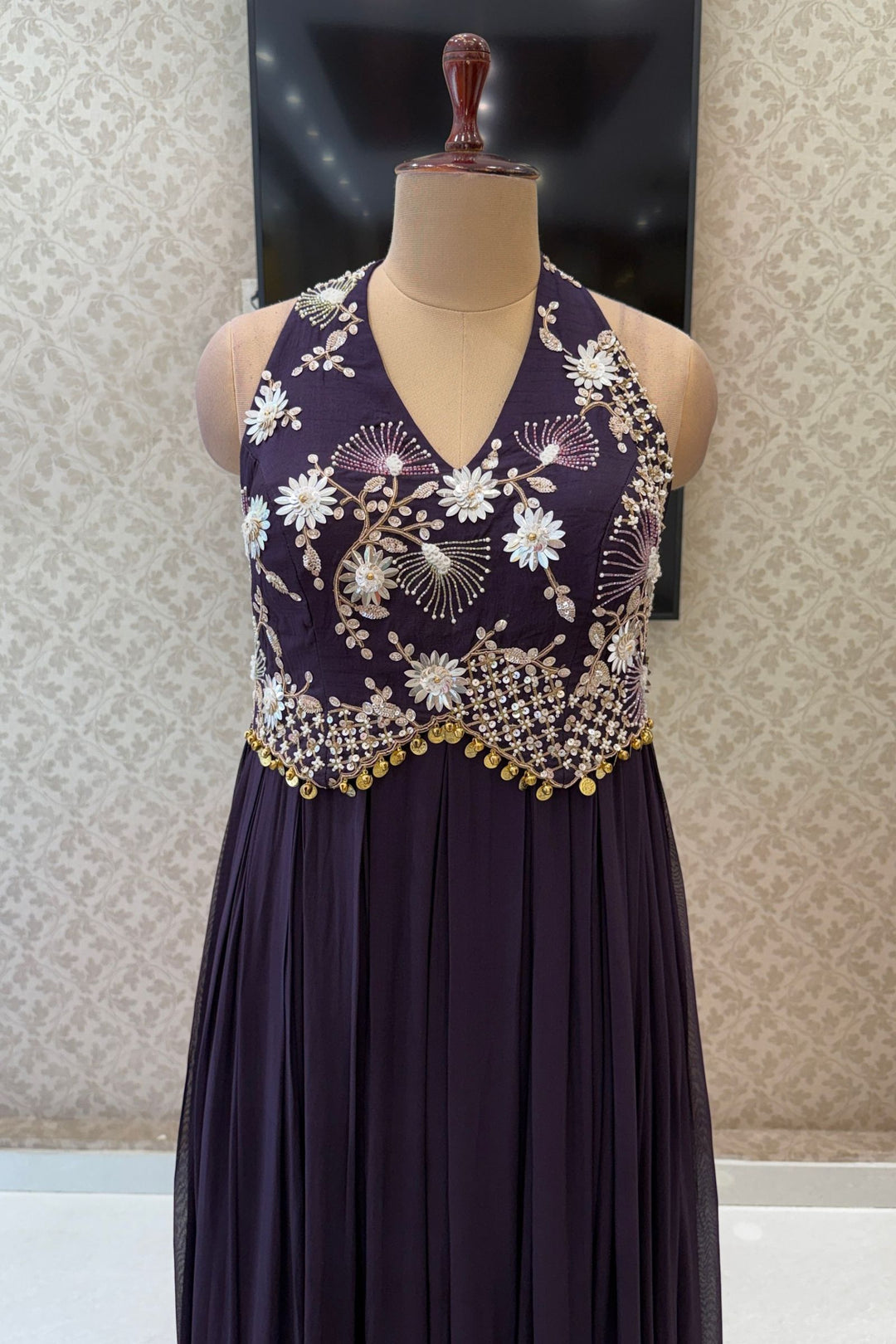 Wine Beads and Zari work Halter Neck Floor Length Anarkali Suit