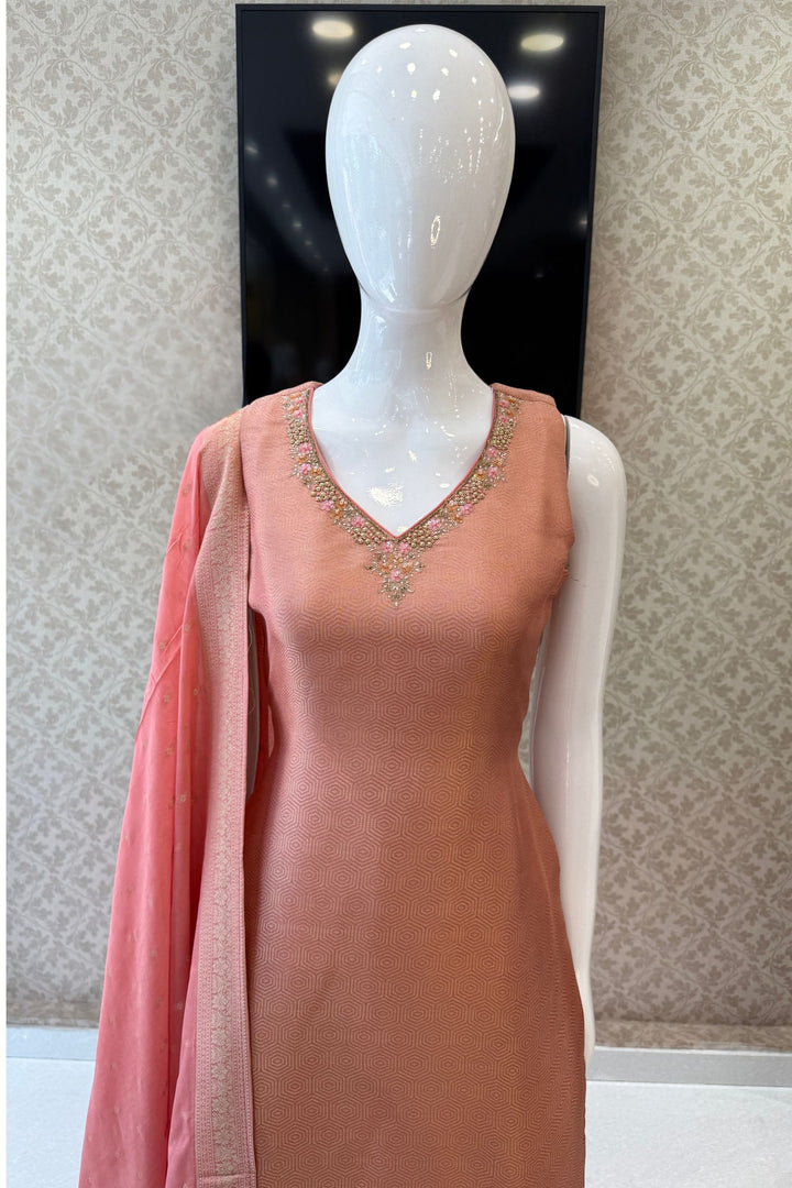Peach Zardozi, Sequins, Stone, Zari, Banaras and Beads work Straight Cut Salwar Suit