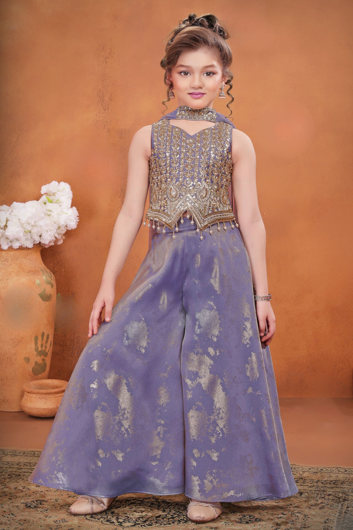 Lilac Beads, Sequins and Zari work Palazzo Suit Set for Girls
