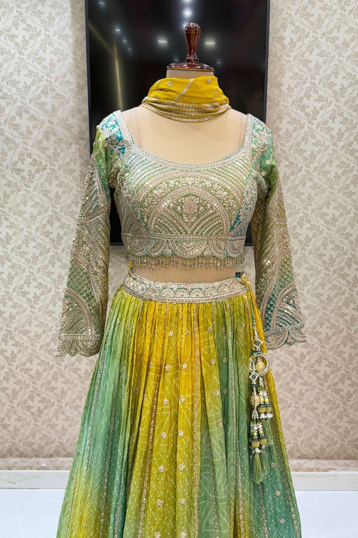 Yellow with Green Sequins, Zari and Beads work with Bandini Print Crop Top Lehenga
