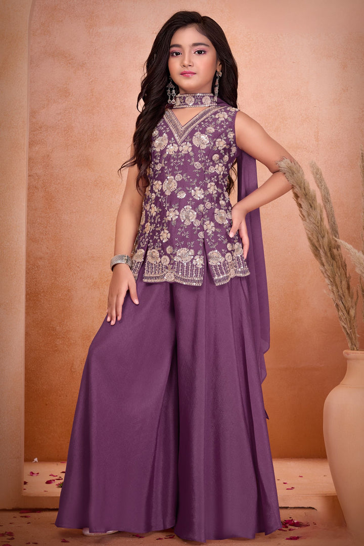 Purple Sequins, Beads and Thread work Palazzo Suit Set for Girls