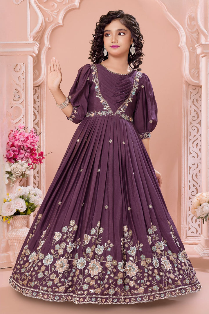 Purple Beads, Sequins, Zari, Mirror and Multicolor Thread work Long Party Gown for Girls