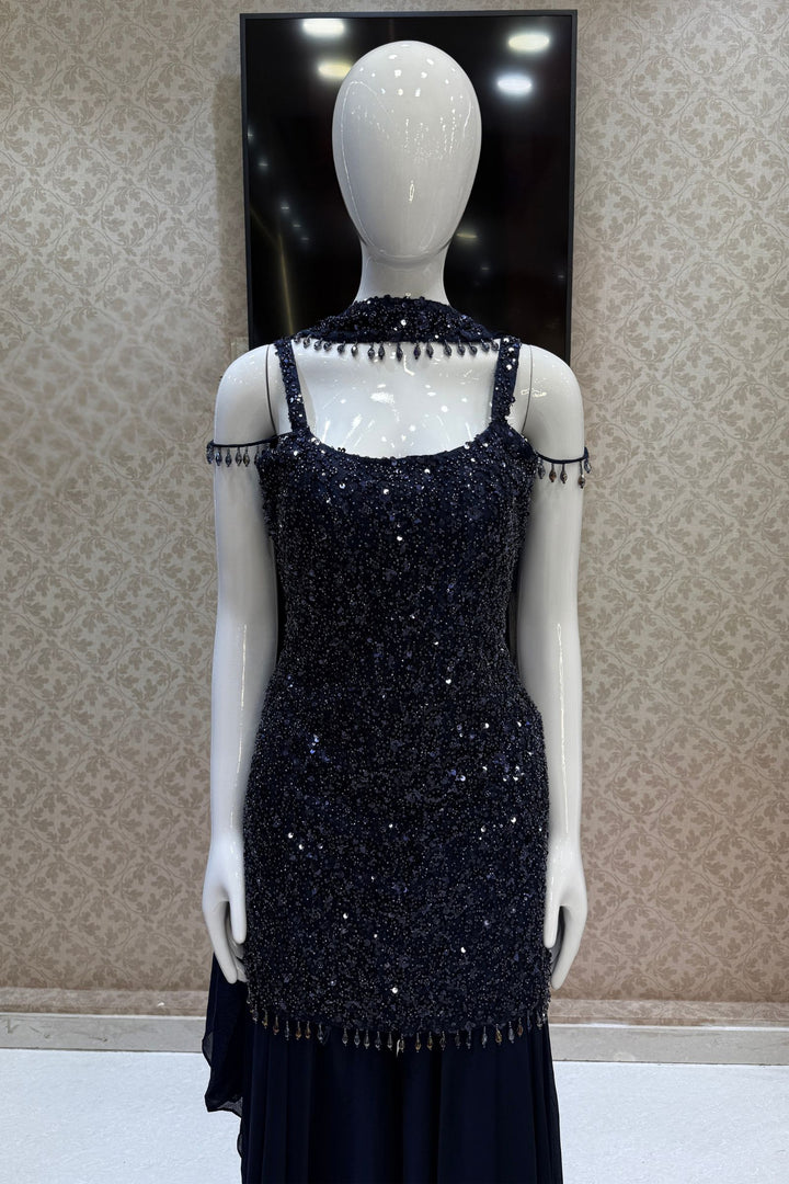 Navy Blue Beads and Sequins work Palazzo Salwar Suit