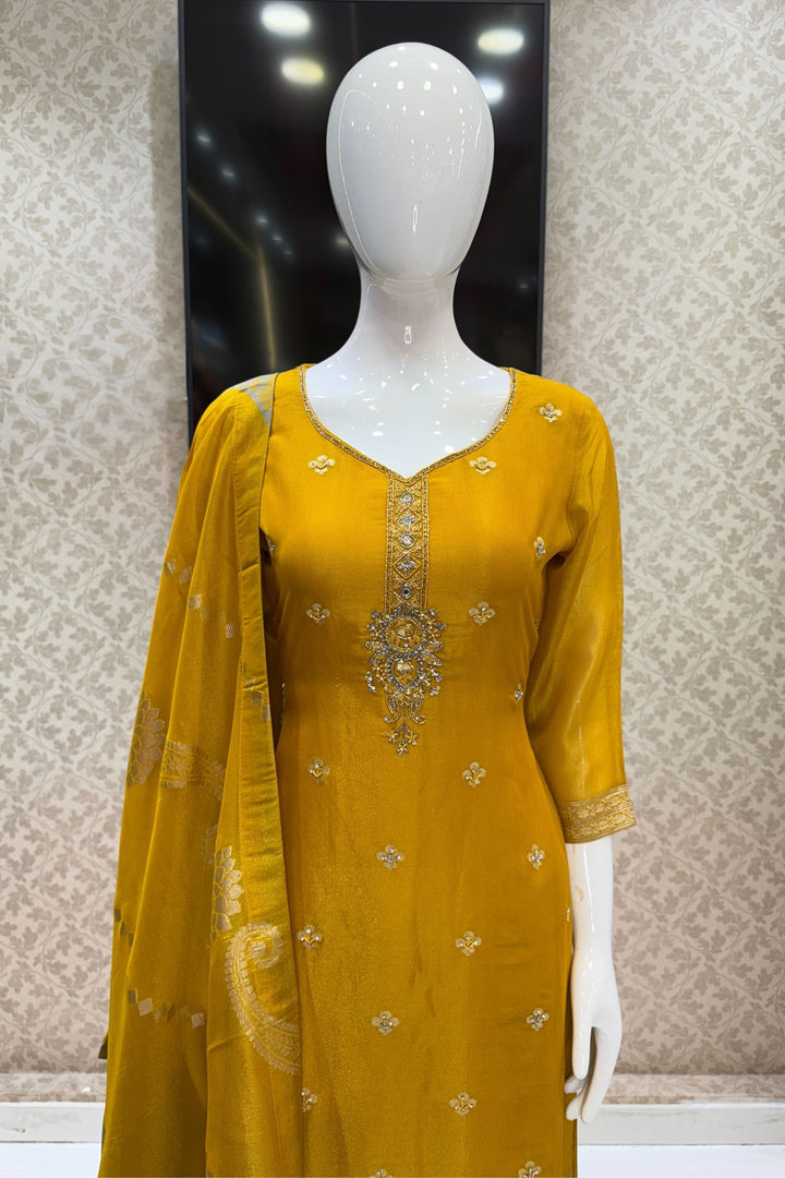 Yellow Beads, Mirror, Sequins, Jacquard and Stone work Straight Cut Salwar Suit