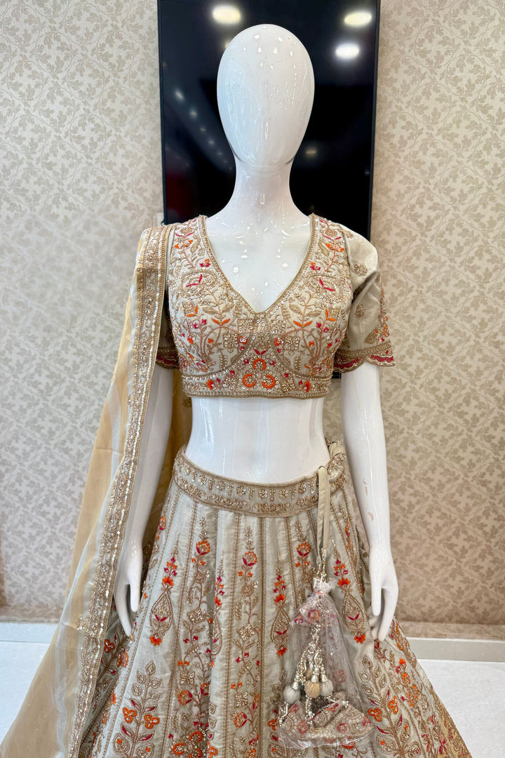 Light Grey Zari, Beads, Sequins and Multicolor Embroidery work Crop Top Designer Bridal Lehenga