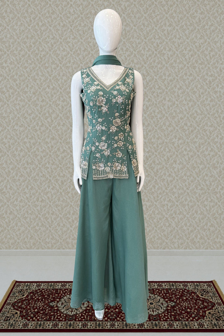 Sea Green Beads, Zari and Sequins work Palazzo Salwar Suit