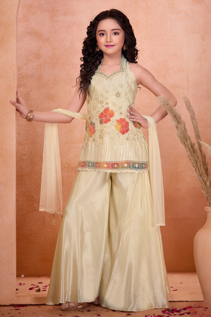 Cream Sequins, Beads and Zari work with Floral Print Palazzo Suit Set for Girls