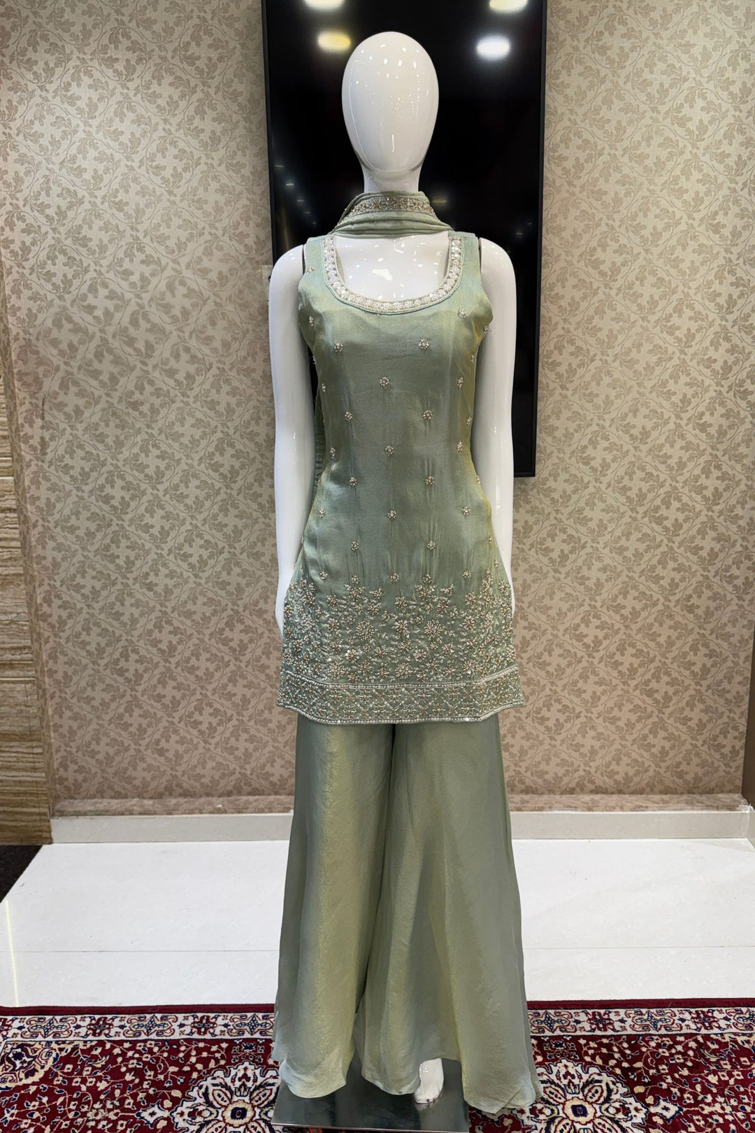Light Pista Green Beads, Zari and Sequins work Top with Flared Palazzo Set