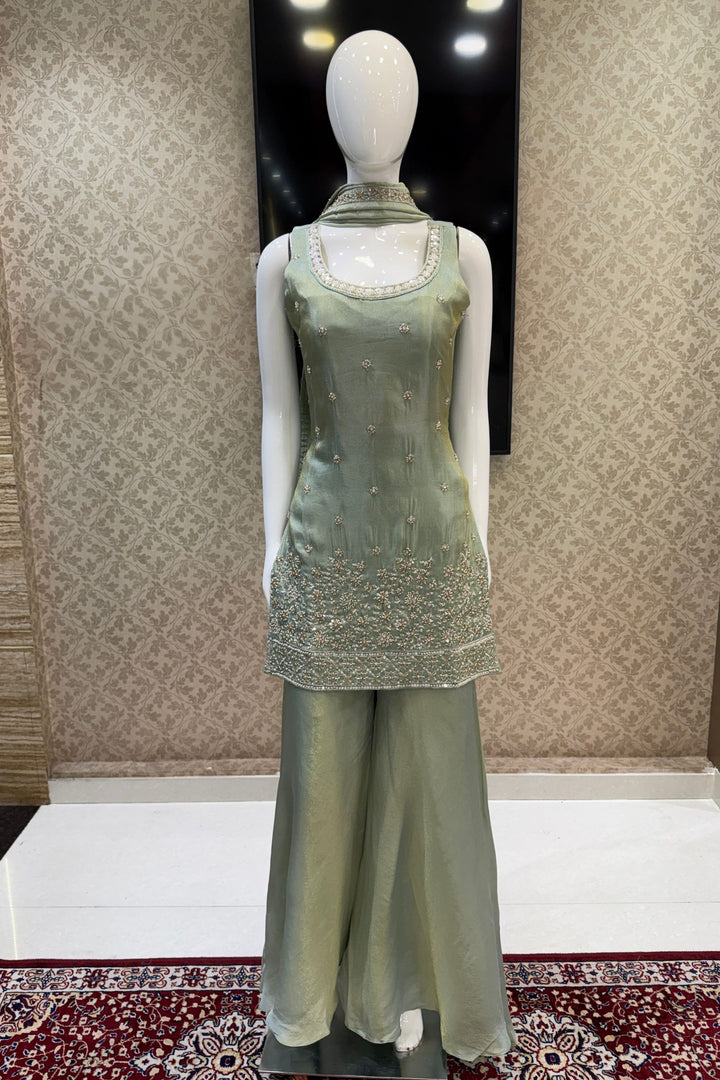 Light Pista Green Beads, Zari and Sequins work Top with Flared Palazzo Set