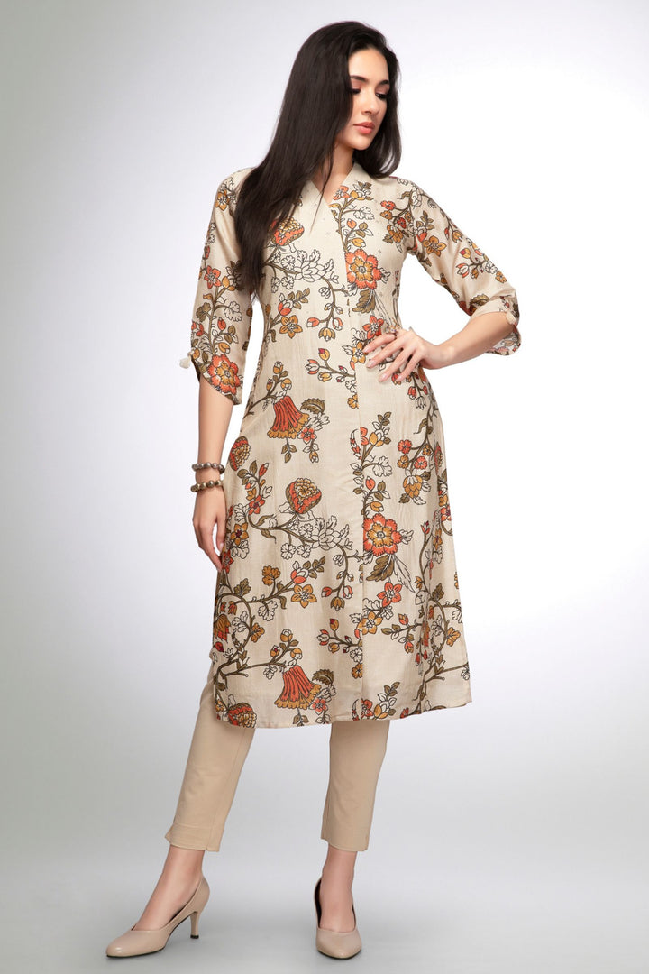 Beige Stone work with Floral Print A-line Cut Calf Length Kurti