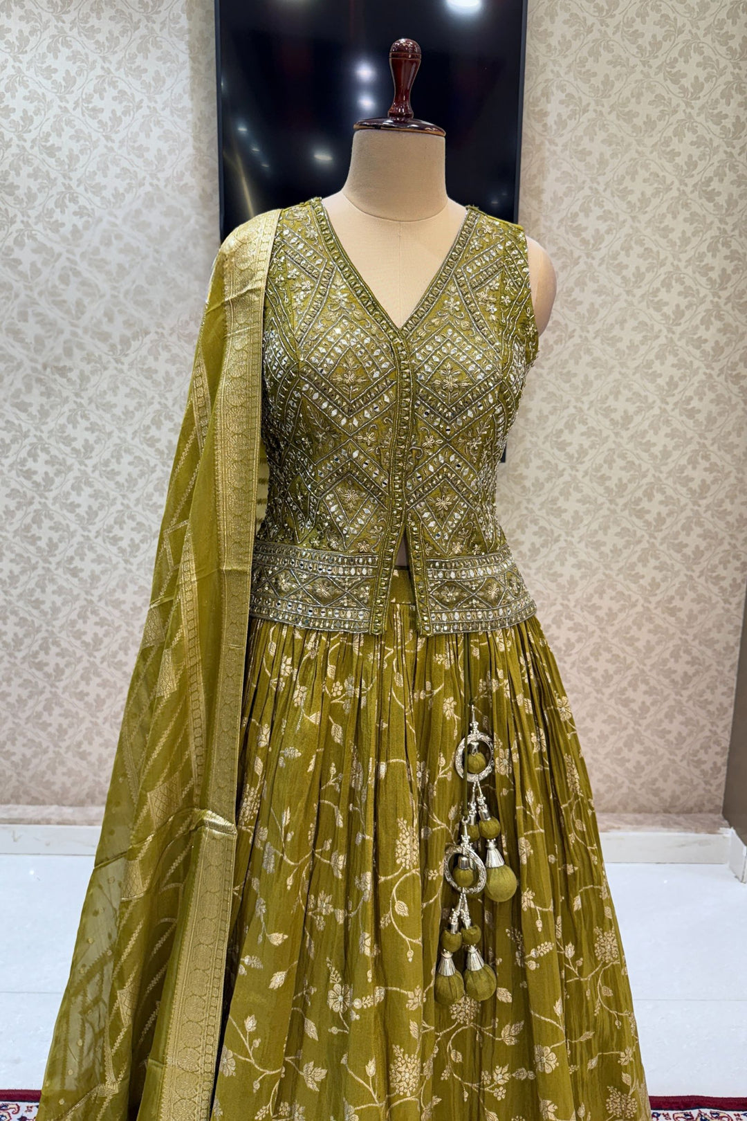 Mehendi Green Mirror, Beads, Sequins, Zardozi and Banaras work Peplum Style Lehenga