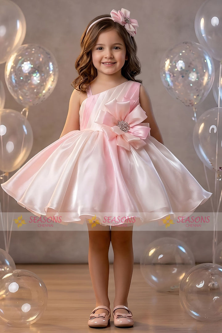 Half White with Pink Stone work Short Partywear Frock for Girls