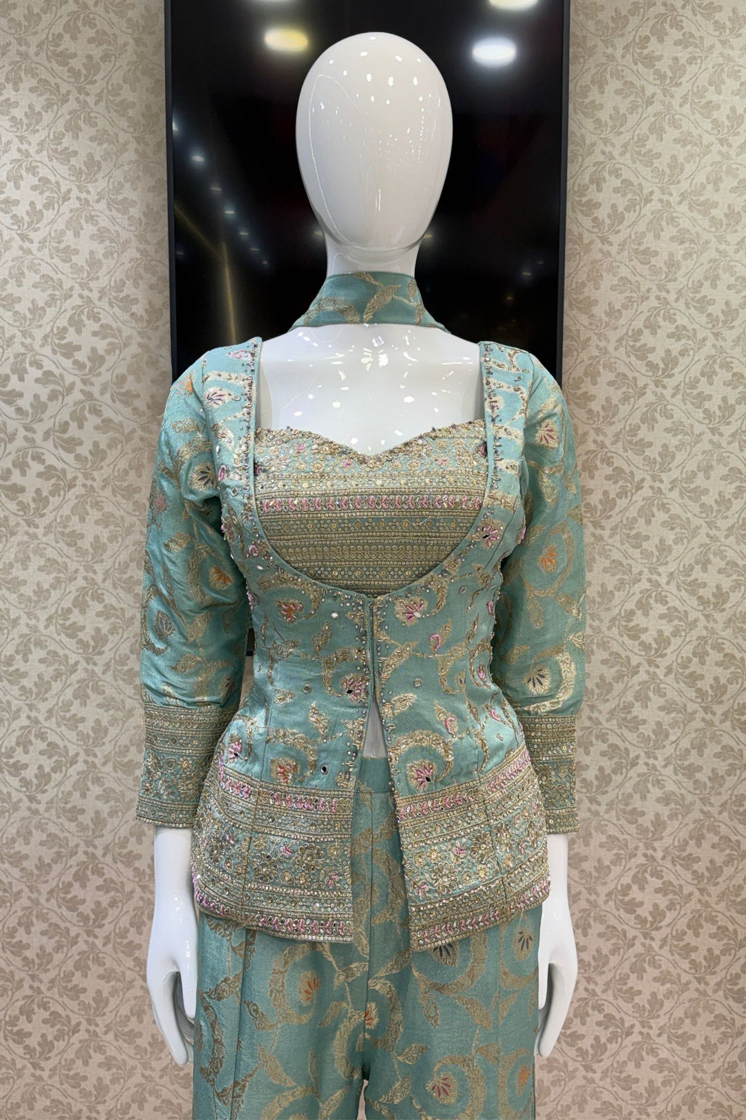 Sea Green Palazzo Set with Beads, Sequins and Zari work with Choker Dupatta