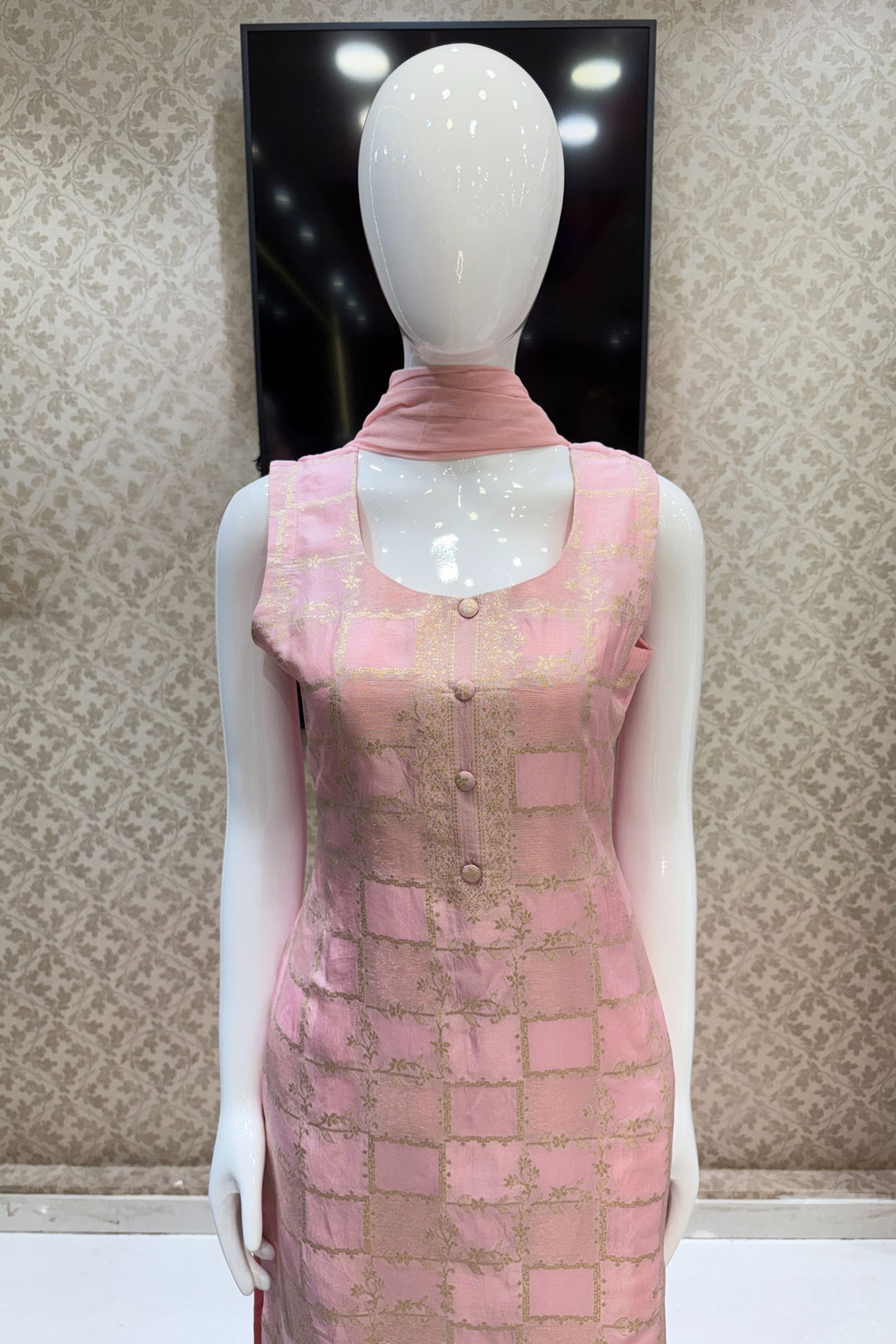 Light Pink Banaras work Straight Cut Salwar Suit