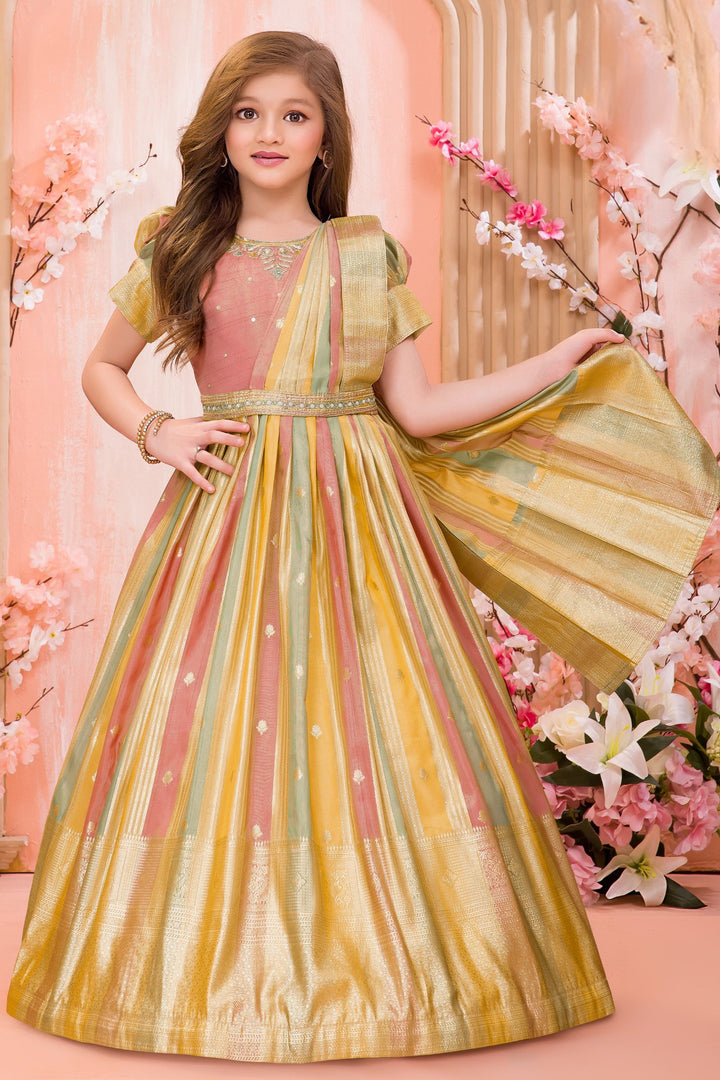 Peach Zardozi and Zari work with Multicolor Long Party Gown for Girls