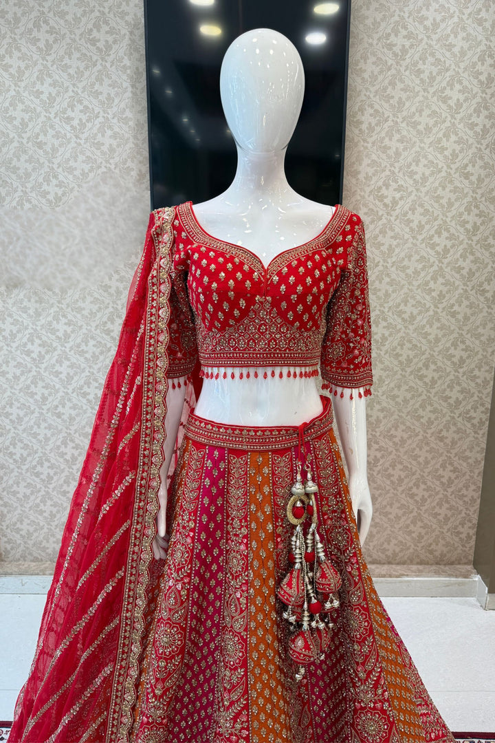 Red Zari, Stone and Embroidery work Crop Top Designer Bridal Multicolor Lehenga