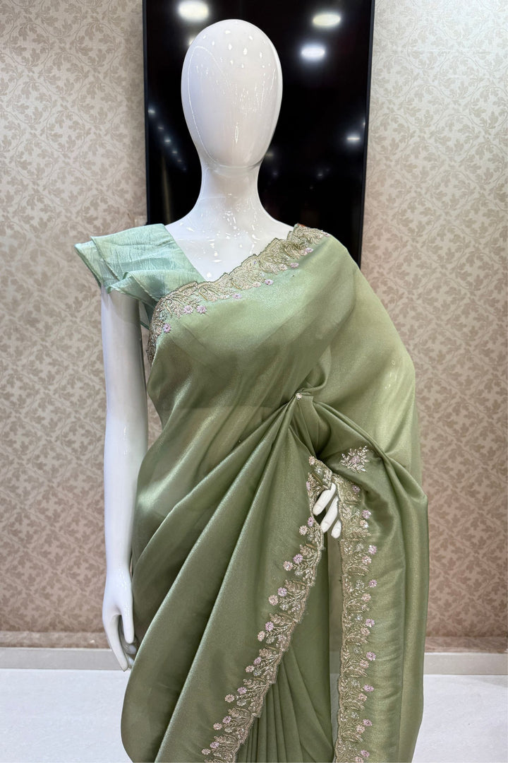 Pista Green Stone, Sequins, Zardozi and Beads work Saree