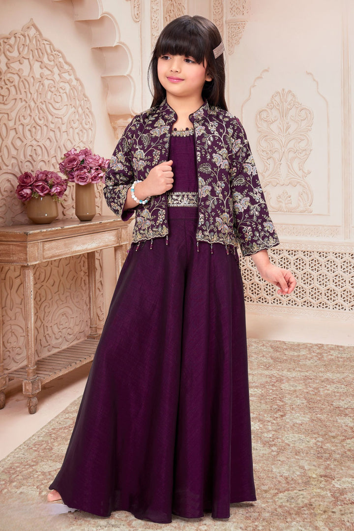 Wine Multicolor Thread, Sequins, Beads and Zari work Palazzo Suit Set for Girls