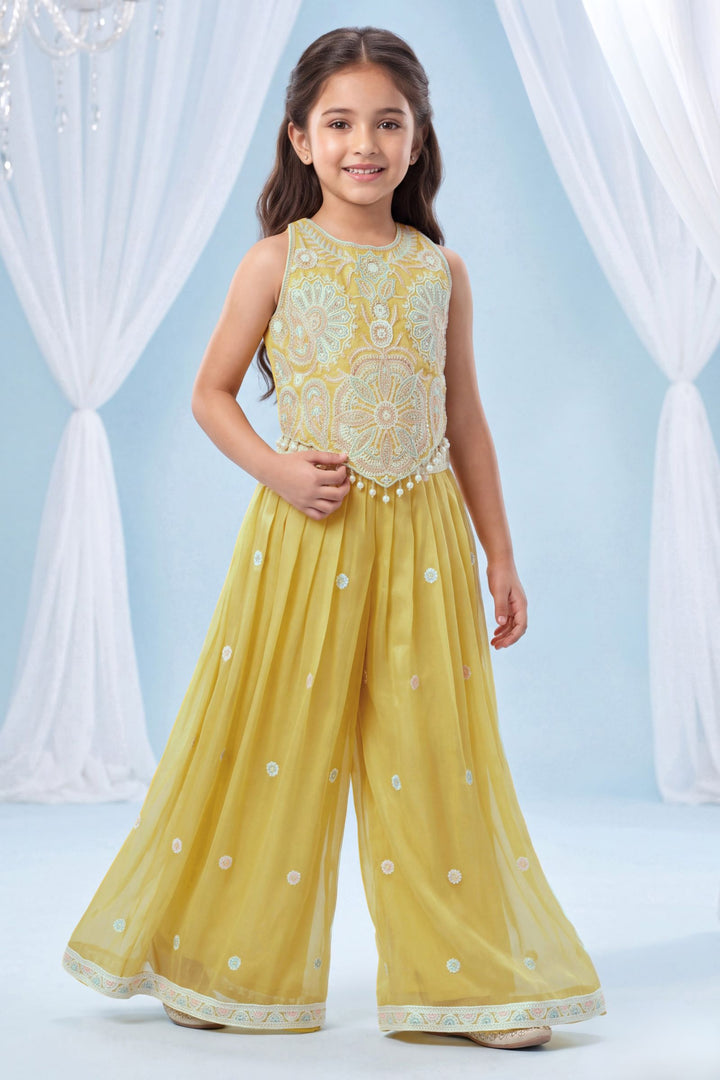 Yellow Beads and Sequins work Palazzo Suit Set for Girls