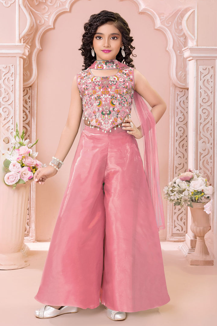 Pink Sequins, Beads and Multicolor Embroidery work Palazzo Suit Set for Girls
