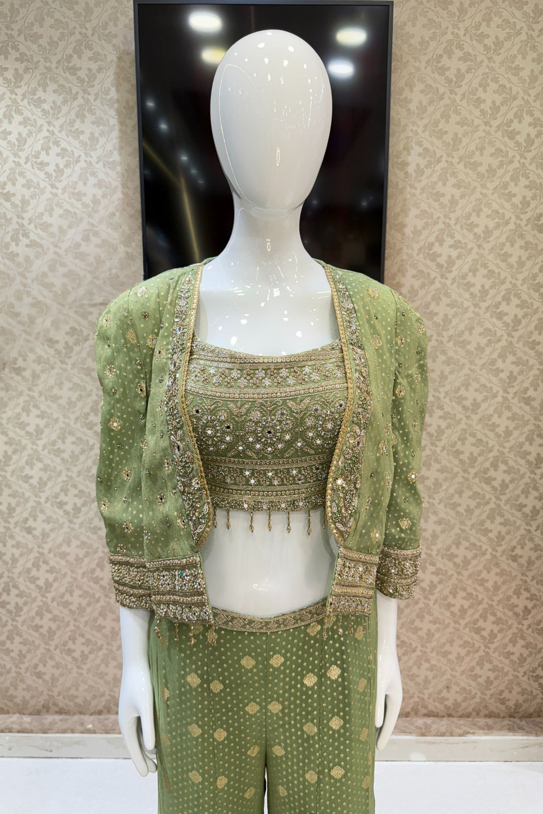 Pista Green Stone, Zari and Sequins work Crop Top with Overcoat Styled Palazzo Suit Set
