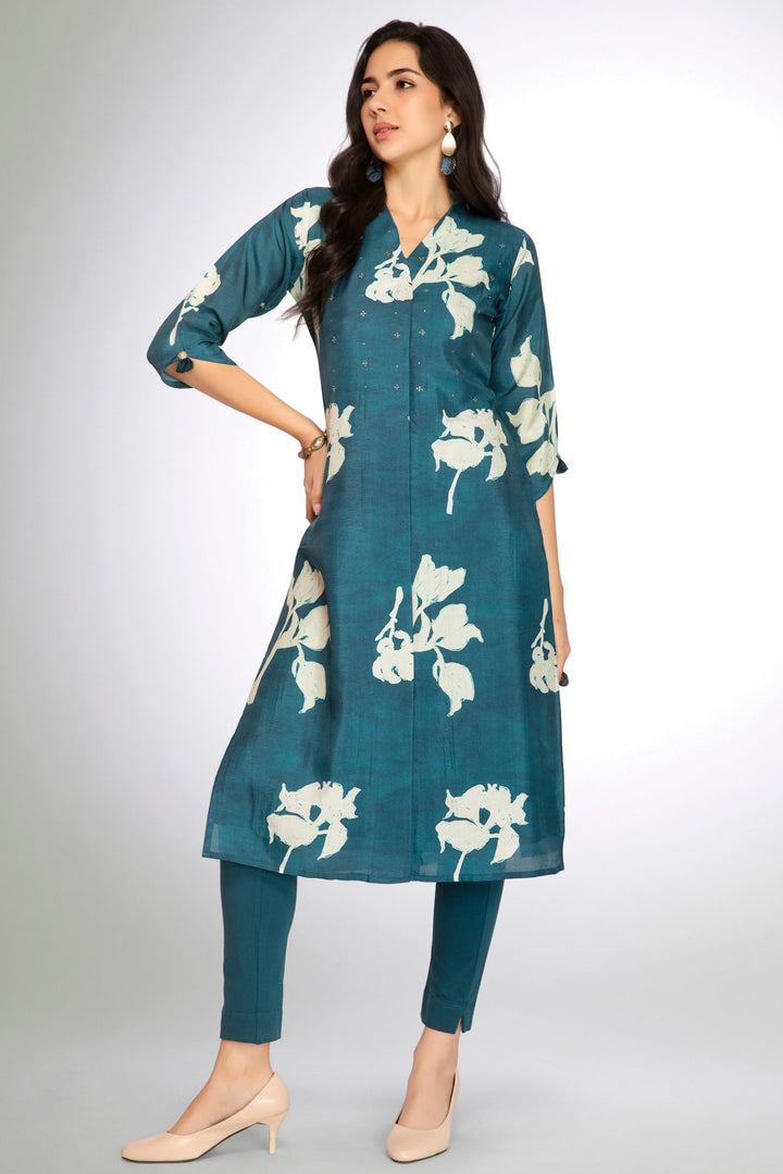 Rama Blue Stone work with Floral Print Calf Length Kurti