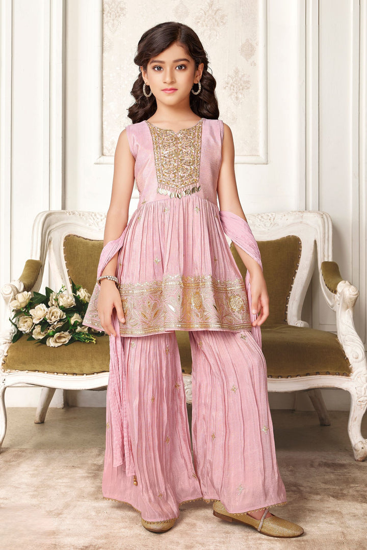 Lilac Gota Patti, Sequins and Zari work Peplum Top and Sharara Set for Girls