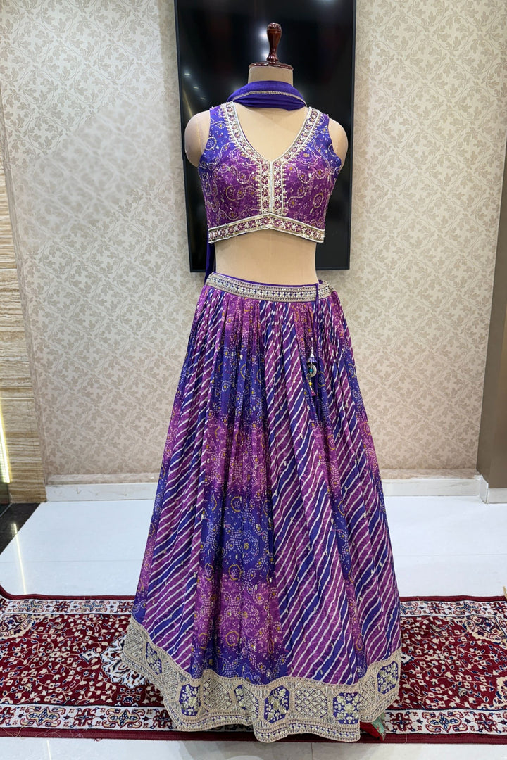 Purple Zari, Sequins and Beads work with Bandini and Leheriya Print Crop Top Lehenga