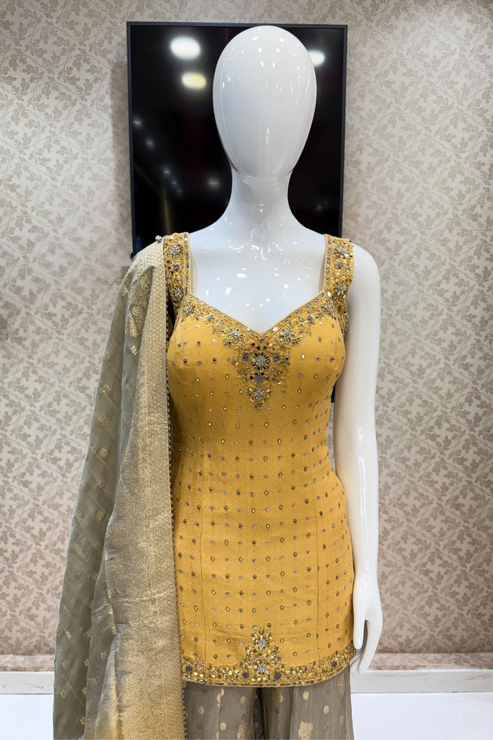 Golden Yellow with Grey Mirror, Sequins, Zari, beads and Banaras work Palazzo Salwar Suit