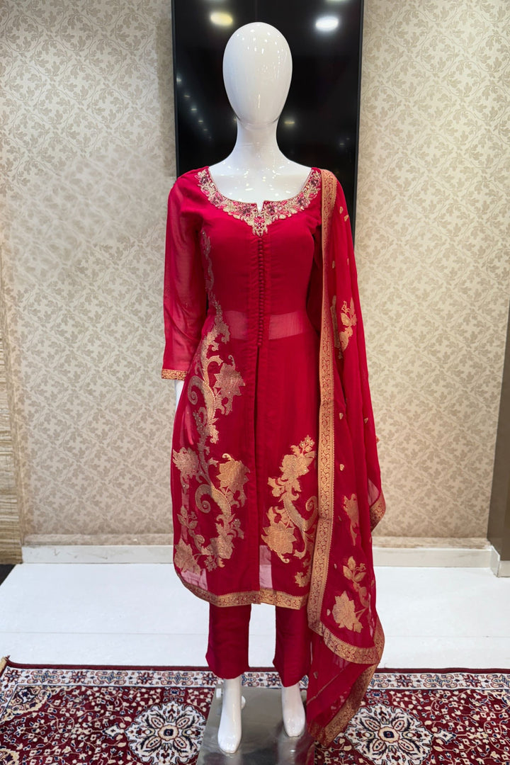 Rani Pink Banaras, Stone, Zardozi, SEquins, Beads and Zari work Straight Cut Salwar Suit