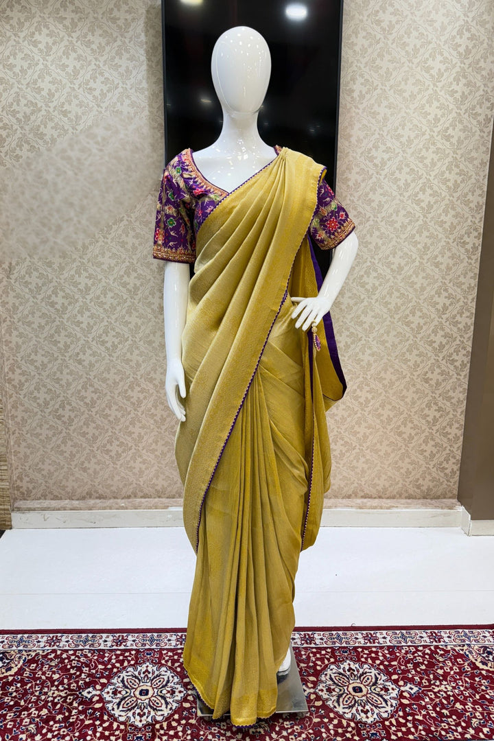 Mustard Saree with Purple Beads, Zari and Sequins work with Pochampally Print Blouse