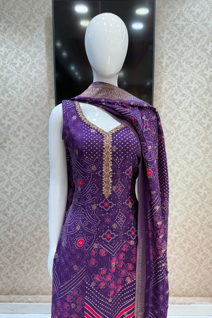 Purple Mirror, Kundan and Banaras work with Bandini Print Straight Cut Salwar Suit