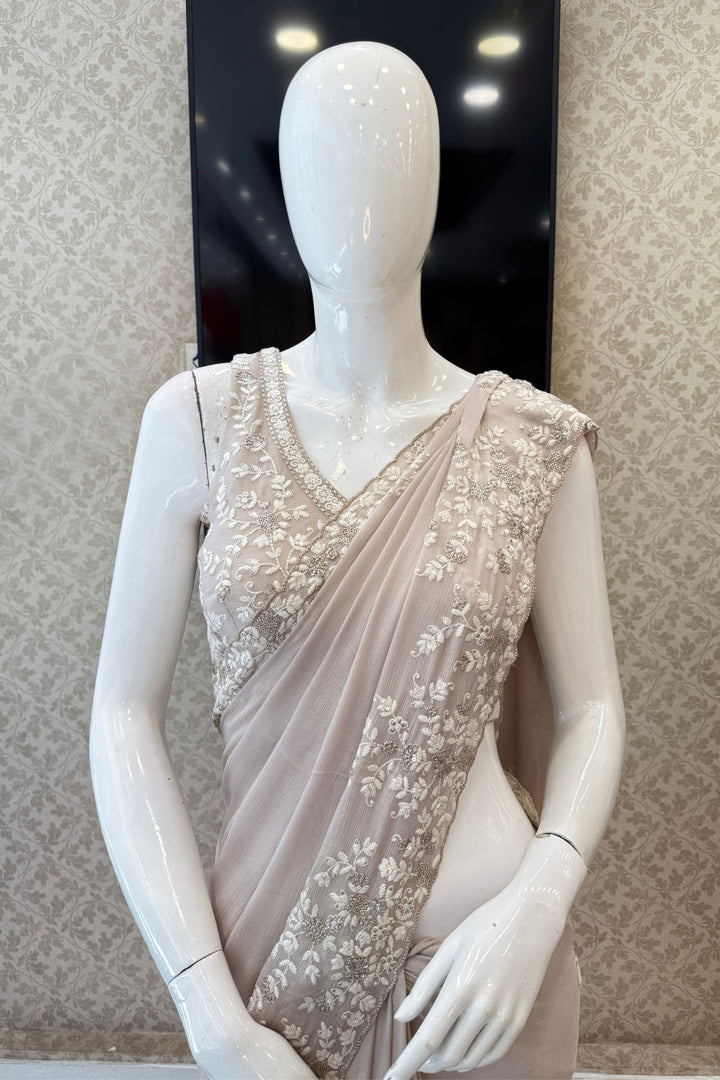 Beige Thread, Zari and Sequins work Saree