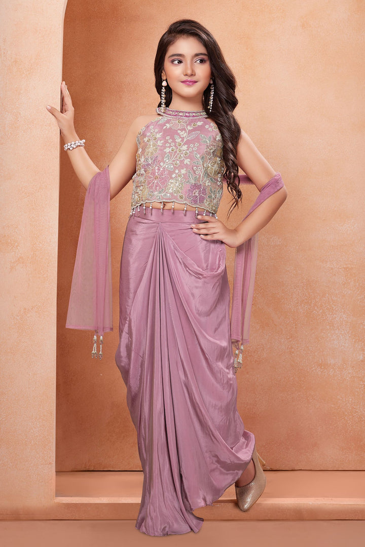 Onion Pink Beads, Sequins and Multicolor Thread work Choli with Cowl Skirt for Girls