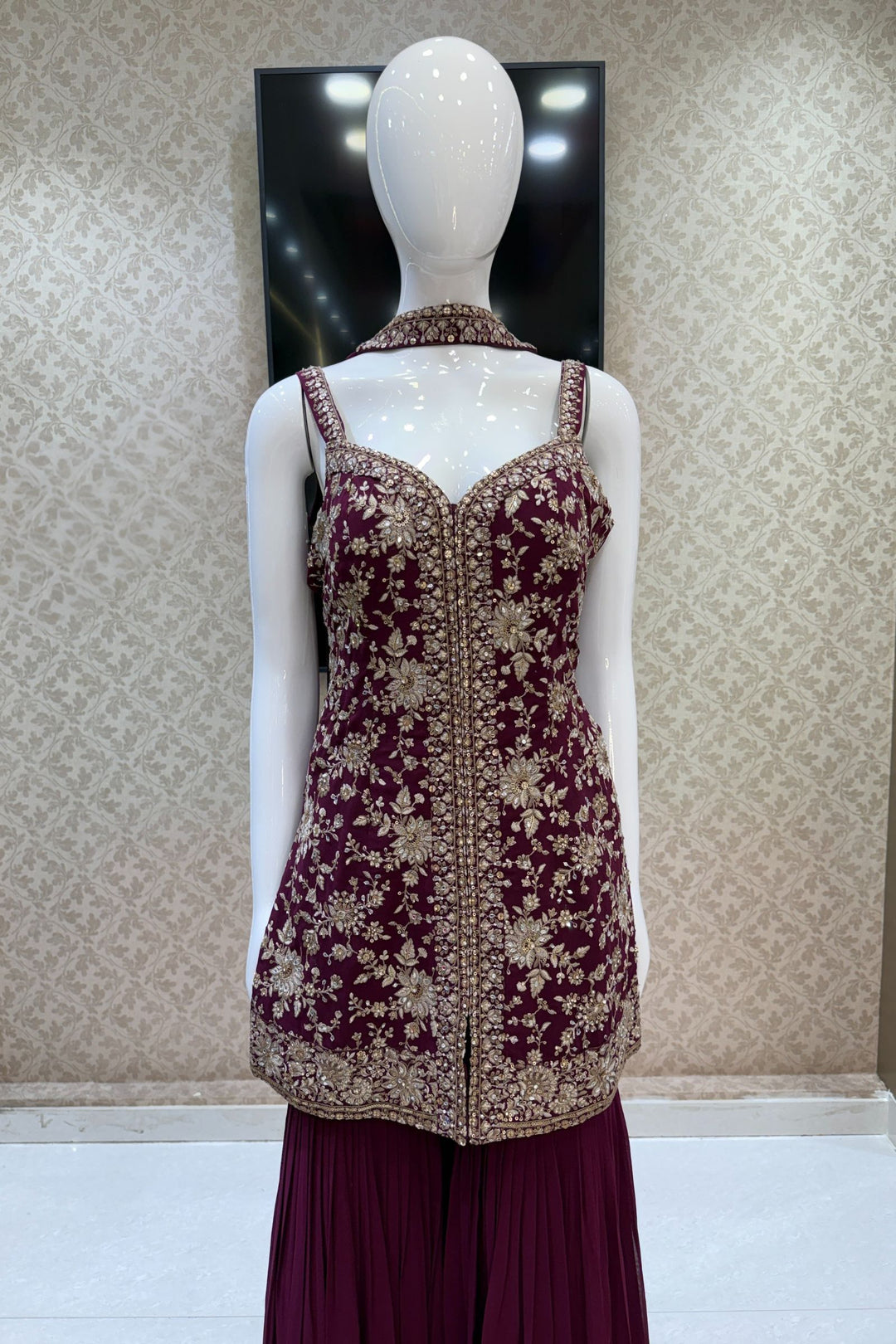 Wine Sequins, Zari, Stone, Mirror and Thread work Sharara Salwar Suit