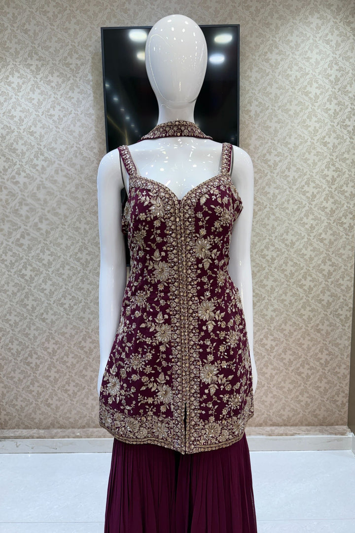 Wine Sequins, Zari, Stone, Mirror and Thread work Sharara Salwar Suit