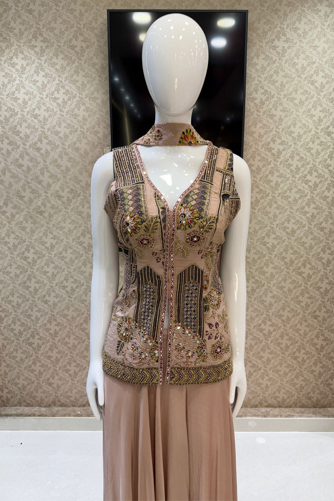 Peach Beads, Mirror, Zari and Thread work with Digital Print Palazzo Salwar Suit