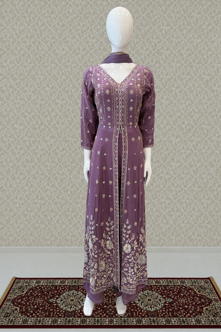 Lilac Beads, Sequins and Thread work Long Top with Straight Pant