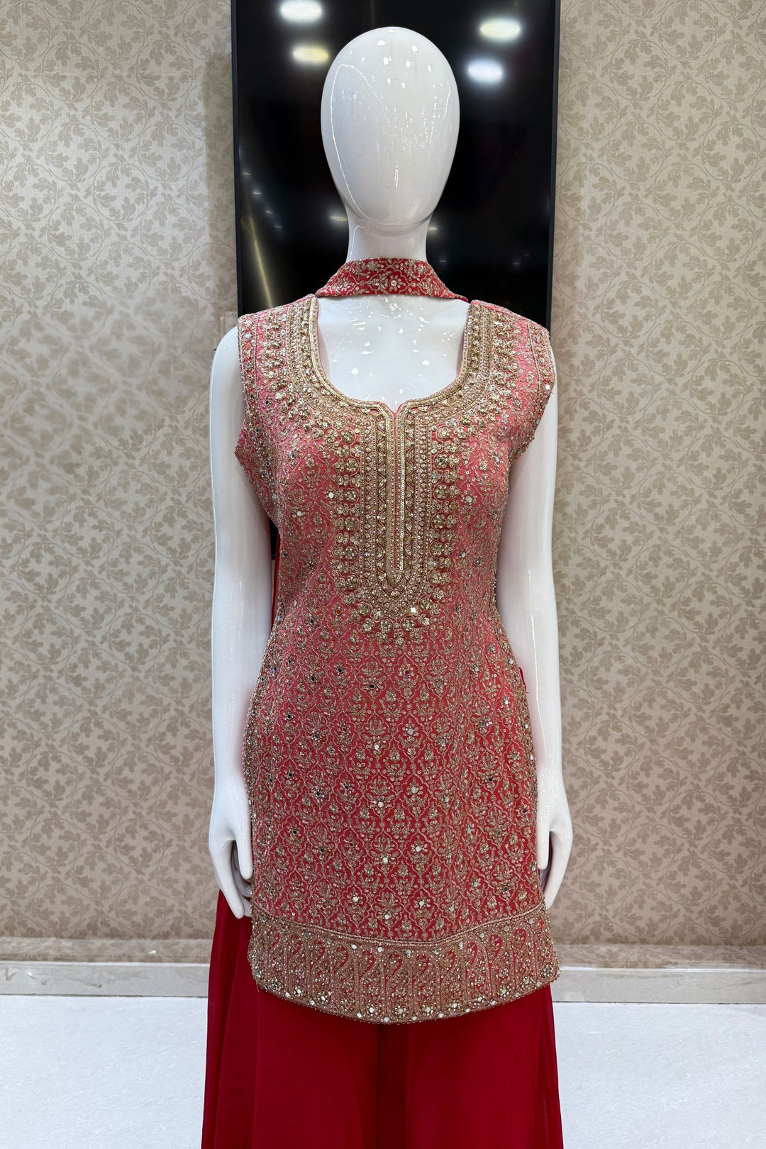 Peach with Pink Mirror, Zari, Sequins and Beads work Palazzo Salwar Suit