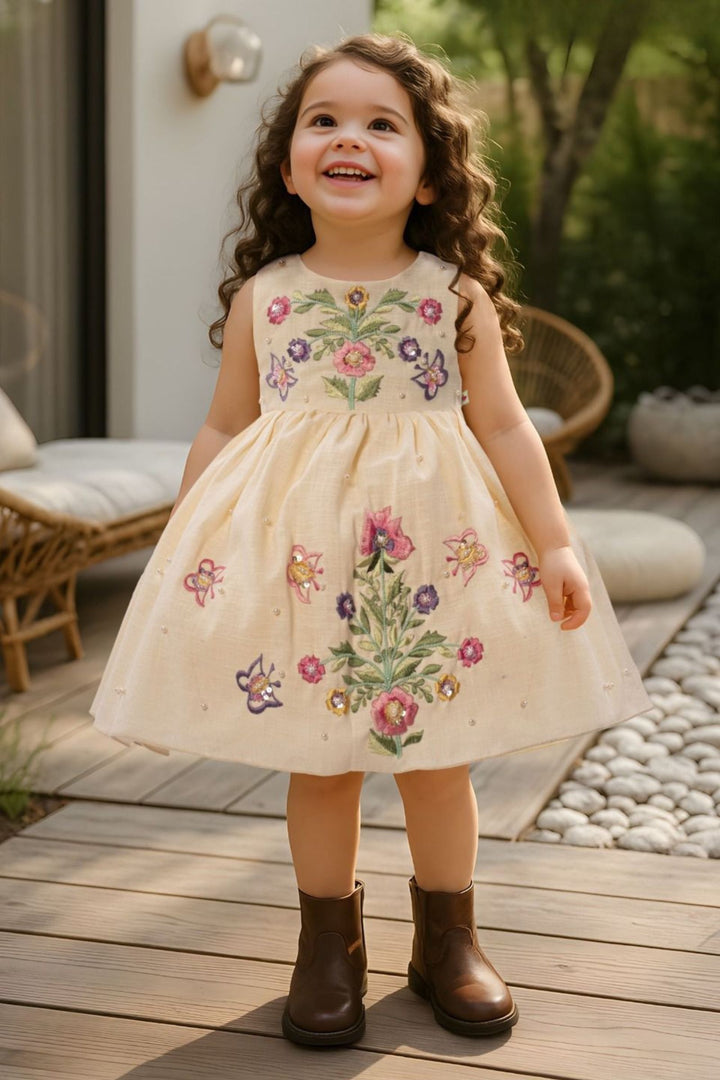 Cream Embroidery, Sequins and Beads work Short Partywear Frock for Girls