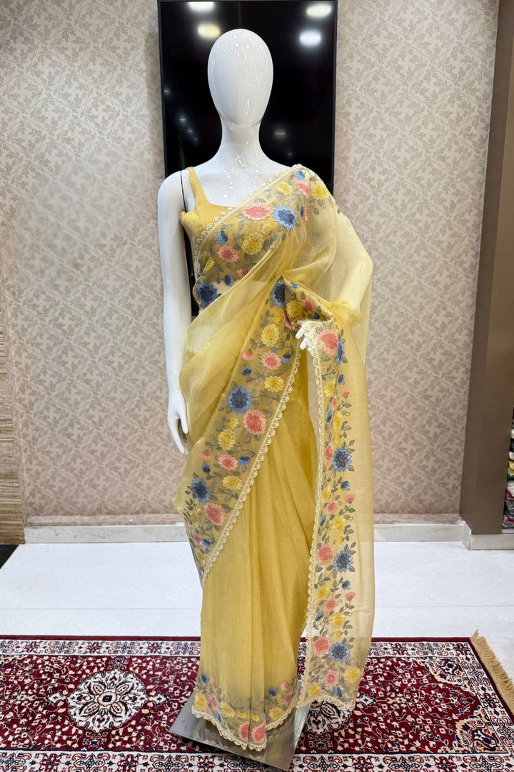 Yellow Multicolor Embroidery work Saree