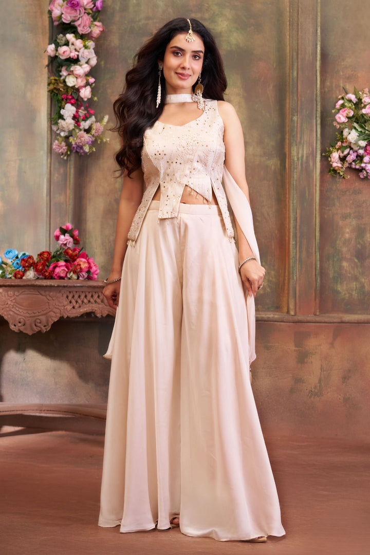 Beige Stone, Beads and Banaras work Palazzo Suit Set